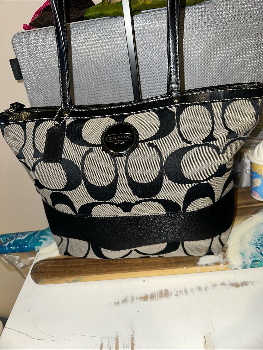 Coach Black and Beige Signature Canvas Tote
